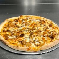 Buffalo Chicken Pizza · Mozzarella, hand breaded chicken breast, choice of mild, medium, or hot Buffalo sauce with c...