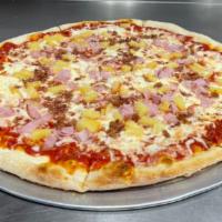Hawaiian Pizza · Mozzarella, pineapple, ham and bacon.
