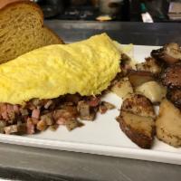 Meat Lovers Omelet Breakfast · Applewood smoked bacon, pork sausage, ham and white cheddar. Choice of bread. Served with re...