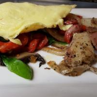 Veggie Omelet Breakfast · Roasted peppers, spinach, mushrooms, grilled onions and yellow cheddar. Choice of bread. Ser...