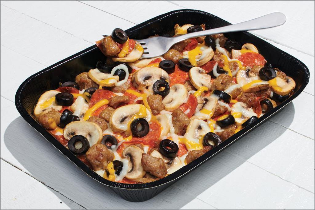 Cowboy - Keto Friendly (Baking Required) · Traditional Red Sauce, Whole-Milk Mozzarella, Premium Pepperoni, Italian Sausage, Sliced Mushrooms, Black Olives, Cheddar, and Herb & Cheese Blend without the Crust. To make this Keto-friendly, simply change the Traditional Red Sauce to Creamy Garlic Sauce or Olive Oil & Garlic Sauce. Macros for this entire tray with the default build are Fats: 100g, Proteins: 75g, Carbs: 28g