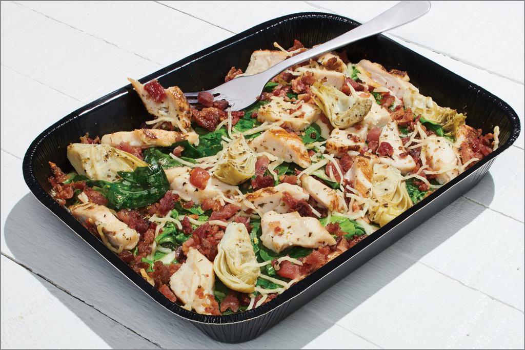 Chicken Bacon Artichoke - Keto Friendly (Baking Required) · Creamy Garlic Sauce, Whole-Milk Mozzarella, Grilled Chicken Raised Without Antibiotics, Crispy Bacon, Marinated Artichoke Hearts, Fresh Spinach, Aged Parmesan and Zesty Herbs without the Crust. This recipe is Keto-friendly, but still fully customizable. Macros for this entire tray with the default build are Fats: 89g, Proteins: 91g, Carbs: 21g