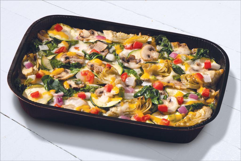 Gourmet Vegetarian - Keto Friendly (Baking Required) · Creamy Garlic Sauce, Whole-Milk Mozzarella, Fresh Spinach, Sliced Zucchini, Sliced Mushrooms, Marinated Artichoke Hearts, Roma Tomatoes, Mixed Onions, Cheddar, and Herb & Cheese Blend. This recipe is Keto-friendly, but still fully customizable. Macros for this entire tray with the default build are Fats: 79g, Proteins: 57g, Carbs: 23g
