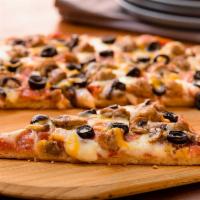 Cowboy Pizza (Baking Required) · Red sauce, mozzarella, pepperoni, Italian sausage, mushrooms, olives and herb and cheese ble...