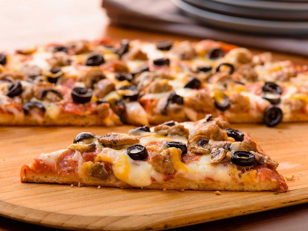 Medium Cowboy Gluten Free Crust Pizza (Baking Required) · Red sauce, mozzarella, pepperoni, Italian sausage, mushrooms, olives and herb and cheese blend on a gluten free crust.