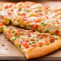 Chicken Garlic Pizza (Baking Required) · Creamy garlic sauce, mozzarella, chicken, Roma tomatoes, green onions and herb and cheese bl...