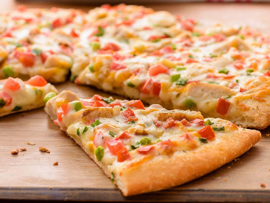 Chicken Garlic Pizza (Baking Required) · Creamy garlic sauce, mozzarella, chicken, Roma tomatoes, green onions and herb and cheese blend. Recommended on an original crust.