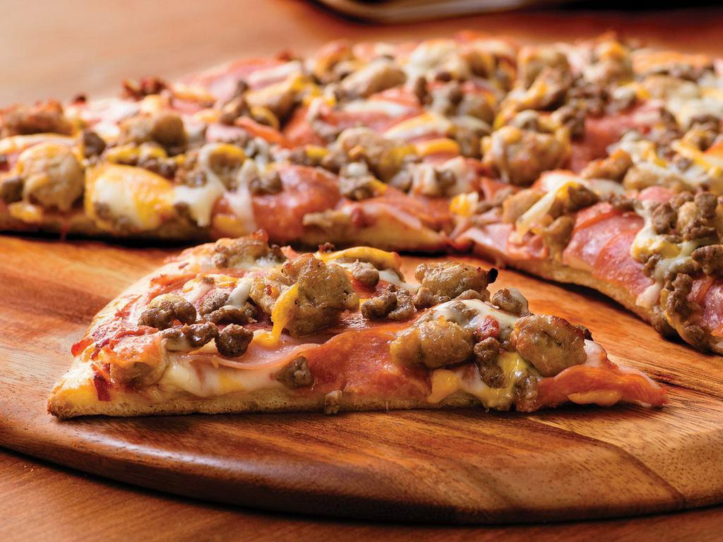 Papa's All Meat Pizza (Baking Required) · Canadian Bacon, Salami, Premium Pepperoni, Italian Sausage, Ground Beef, Whole-Milk Mozzarella, and Mild Cheddar, topped with Traditional Red Sauce on Our Original Crust.