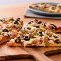 Murphy's Combo Pizza (Baking Required) · Salami, Pepperoni, Italian Sausage, Mushrooms, Mixed Onions, Black Olives, Cheddar, Red Sauc...