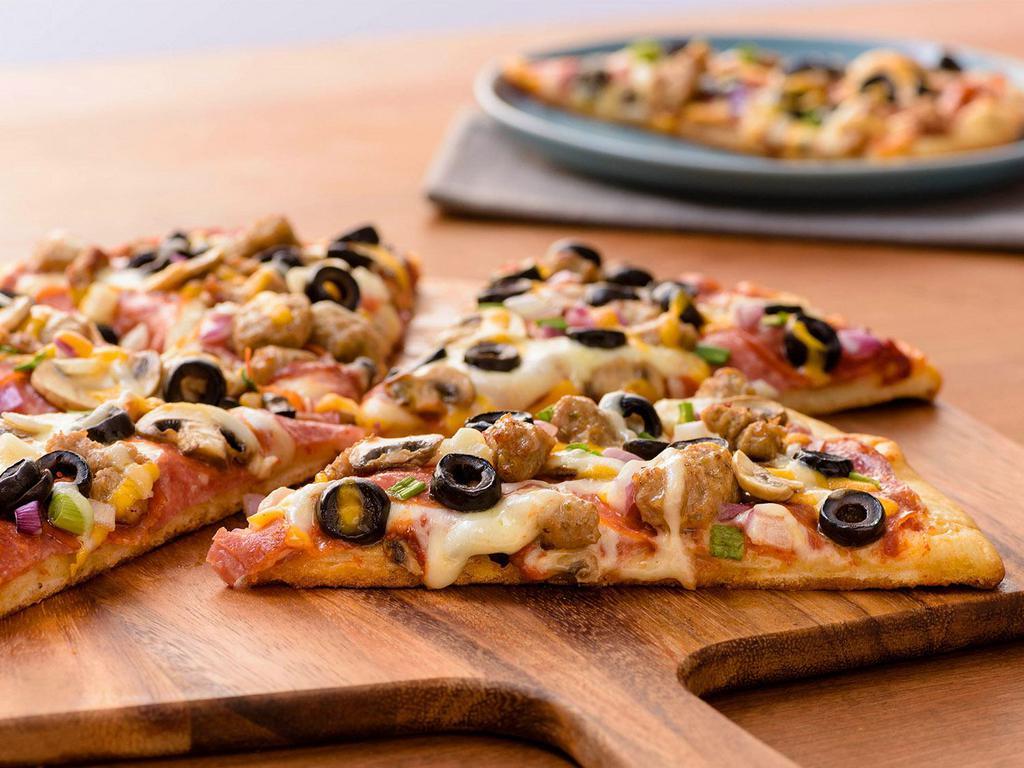 Murphy's Combo Pizza (Baking Required) · Salami, Pepperoni, Italian Sausage, Mushrooms, Mixed Onions, Black Olives, Cheddar, Red Sauce, 
Original Crust