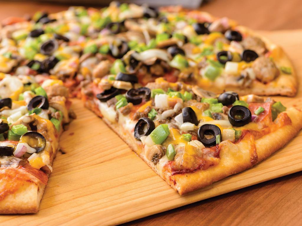 Papa's Favorite Pizza (Baking Required) · Pepperoni, Italian Sausage, Ground Beef, Mushrooms, Mixed Onions, Green Peppers, Black Olives, Red Sauce, Original Crust