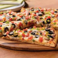 Garden Veggie Pizza (Baking Required) · Mushrooms, Black Olives, Mixed Onions, Green Peppers, Tomatoes, Red Sauce, Original Crust