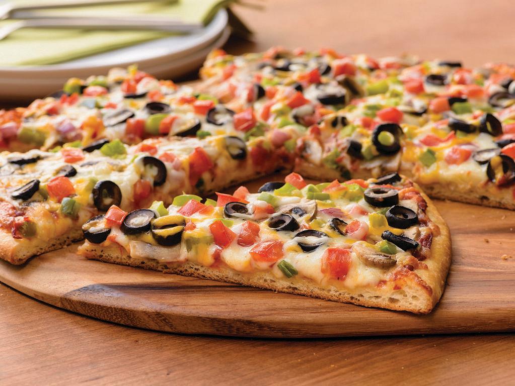 Garden Veggie Pizza (Baking Required) · Mushrooms, Black Olives, Mixed Onions, Green Peppers, Tomatoes, Red Sauce, Original Crust