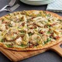 Chicken Bacon Artichoke (Baking Required) · Creamy garlic sauce, mozzarella, chicken, bacon, artichoke hearts, spinach, Parmesan and zes...