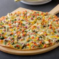 Gourmet Vegetarian Pizza (Baking Required) · Creamy garlic sauce, mozzarella, spinach, zucchini, mushrooms, artichoke hearts, Roma tomato...