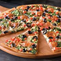 Greek Pepperoni Pizza (Baking Required) · Pepperoni, Spinach, Black Olives, Tomatoes, Feta Cheese, Zesty Herbs, Red Sauce, Artisan Thi...