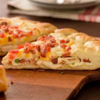 Chicken Bacon Stuffed Pizza (Baking Required) · Two layers of Original Crust stuffed with Chicken, Bacon, Tomatoes, , Mixed Onions, Creamy G...