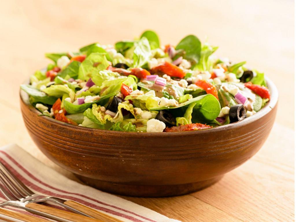 Mediterranean Salad · Romaine, Spinach, Black Olives, Sun-dried Tomatoes, Mixed Onions, Feta