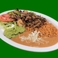 Mixed Fajitas Plate · Shrimp, beef and chicken sauteed with bell pepper and onions. Served with refried beans, ric...