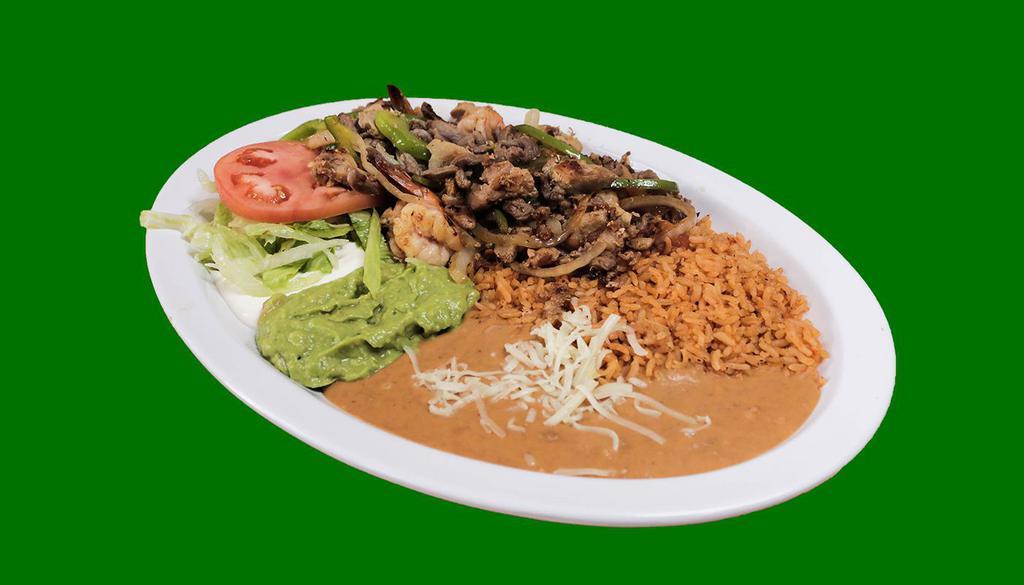 Mixed Fajitas Plate · Shrimp, beef and chicken sauteed with bell pepper and onions. Served with refried beans, rice, cheese, lettuce, guacamole, sour cream and tortillas.