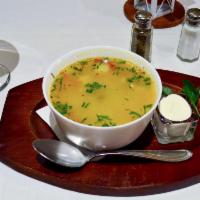 Zama Soup · Traditional soup made of garden vegetables, noodles and chicken meat.