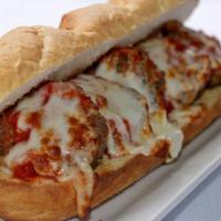 Meatball Parmigiana Hero · Our homemade meatballs served on a toasted hoagie with tomato sauce and melted mozzarella