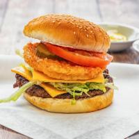 Double House Burger · Come with cheese, fried chicken patty, beef patty, house sauce, lettuce, pickle, tomato, and...