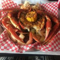 1. Crab and Shrimp Platter · 2 crab clusters, 10 shrimp, sausage, corn, egg, and potatoes.
