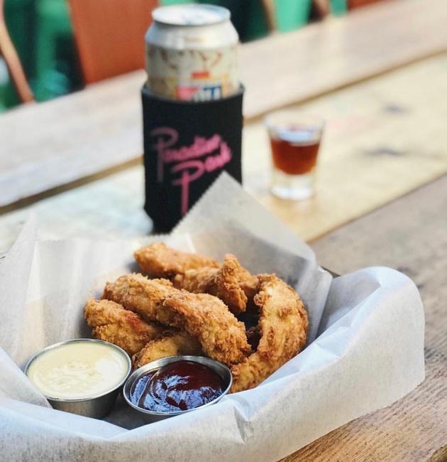 Chicken Strips. · Served with BBQ sauce & honey mustard dipping sauce.