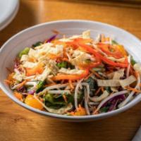 Sesame Soy Salad · Mixed greens, almonds, bean sprouts, red peppers, carrot threads, mandarin oranges, red cabb...