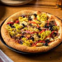 Small Kaya · No cheese, roasted red peppers, onions, black olives, mushrooms, pepperoncini, artichoke hea...
