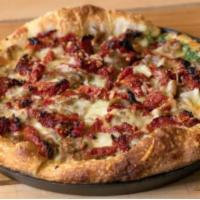 Medium Mike · Italian sausage, sun-dried tomatoes, red onions, Parmesan, mozzarella/provolone and spinach/...