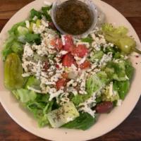 Greek Salad · Romaine, iceberg - Balsamic Greek vinaigrette tomatoes, onions, green peppers, Kalamata oliv...