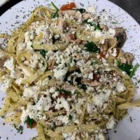 Athena · Fettuccini - garlic and olive oil chicken, tomatoes, spinach, mushrooms and feta.