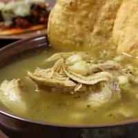 Pozole Verde - Green · 100% authentic traditional mexican pozole - comes with hominy and chicken. Paired with onion...