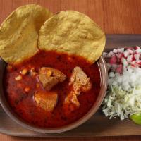 Pozole Rojo - Red · 100% authentic traditional mexican pozole - comes with hominy and pork meat. Paired with oni...