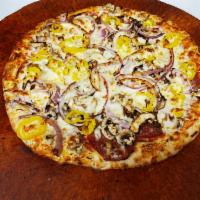 Capricciosa Pizza · Salami, capicola, Italian sausage, onion, mushroom and banana peppers.