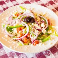 Greek Salad (Whole) · Cucumber, tomato, green pepper, onion, Greek olives and Greek feta.