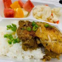 Chicken Lemongrass Plate · Served with white or brown rice, chicken, fruit, salad.