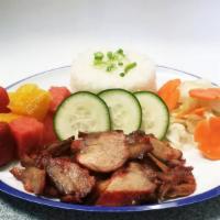 BBQ Pork Plate · Served with white or brown rice, BBQ pork, fruit, salad.