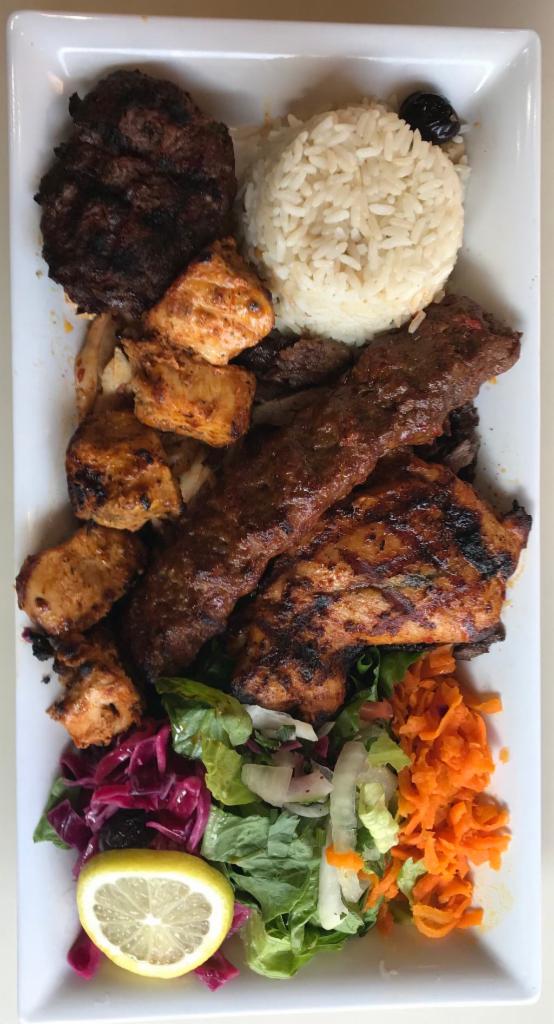 38. Mixed Grill · Grilled chicken shish kebab, adana kebab, kofte kebab, chicken chops, and both chicken and lamb gyro/doner.