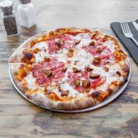 Sopressata Brick Oven Pizza · Tomato sauce, house mozzarella, salami, sausage, chili garlic, and oregano.