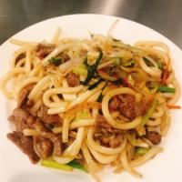 Beef Udon · Stir fried wheat noodles, (white, fatty noodles ) with all sorts of veggies and  beef.