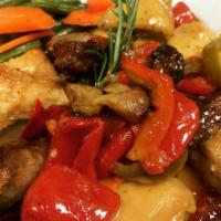 Chicken Scarpariello · Morsels of boneless chicken breast sauteed with Italian sausage, hot cherry peppers in a cho...
