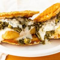 Vegan Sardou · Fried ota tofu, braised spinach and artichokes with vegan lemon aioli. Made on our VG/GF waf...
