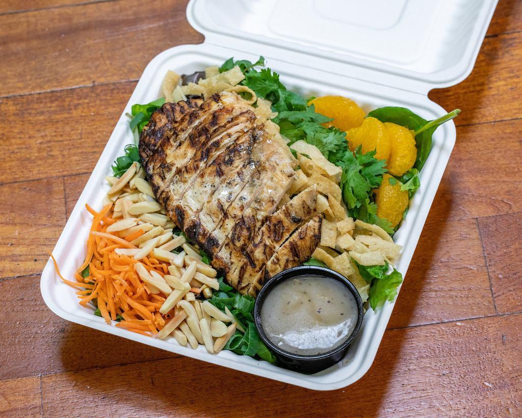 Mandarin Ginger Salad · Shredded carrots mandarin oranges cilantro green onions roasted almonds won ton strips mixed field greens Asian ginger dressing grilled chicken breast.