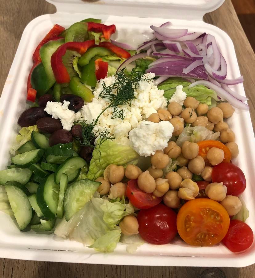 Aloha Mediterranean Salad · Grape tomatoes, cucumbers, red onions, red and green bell peppers, Kalamata olives, garbanzo beans, dill, feta cheese, romaine and house Mediterranean dressing.