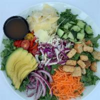 To Kale For Salad · Grape tomatoes shredded carrots cucumbers red onions croutons avocado kale cabbage parmesan ...