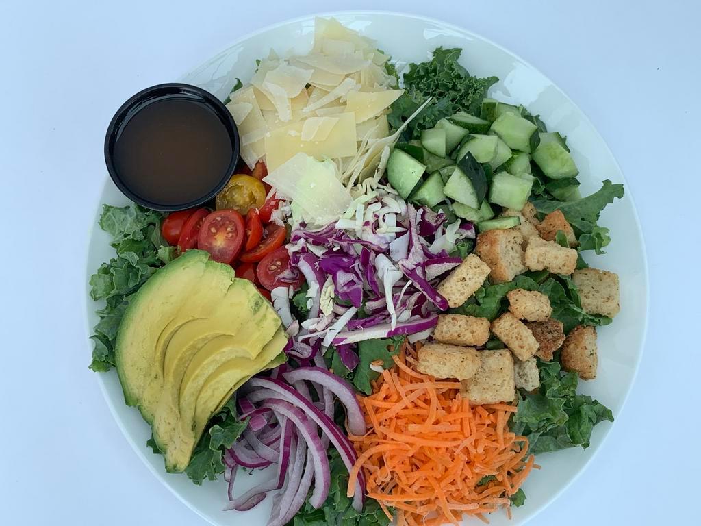 To Kale For Salad · Grape tomatoes shredded carrots cucumbers red onions croutons avocado kale cabbage parmesan cheese lemon soy vinaigrette.