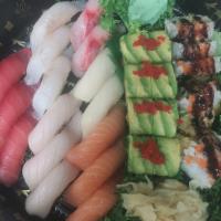 Sushi for 2 Entree · 16 pieces sushi, a Godzilla roll and a shrimp tempura roll.